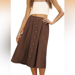 NWOT Women’s Brown High Waist Button-Front Midi Skirt with Pockets Size Small
